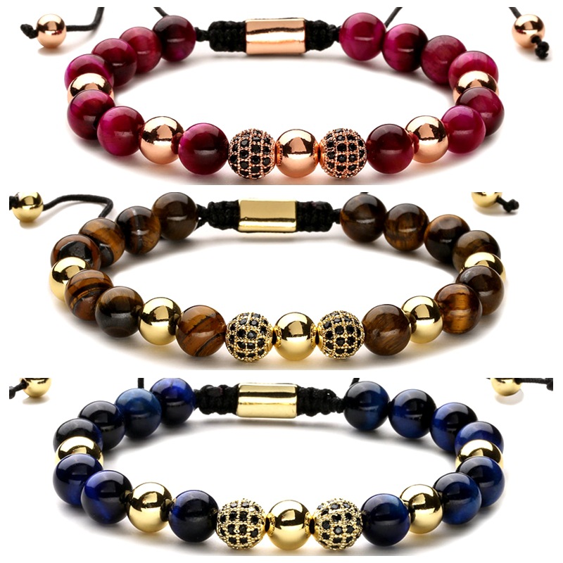Cross-border accesorios populares incrustaciones de circón suerte cuentas tejidas pulsera de los hombres 8mm colorido Ojo de Tigre piedra Caballero pulsera