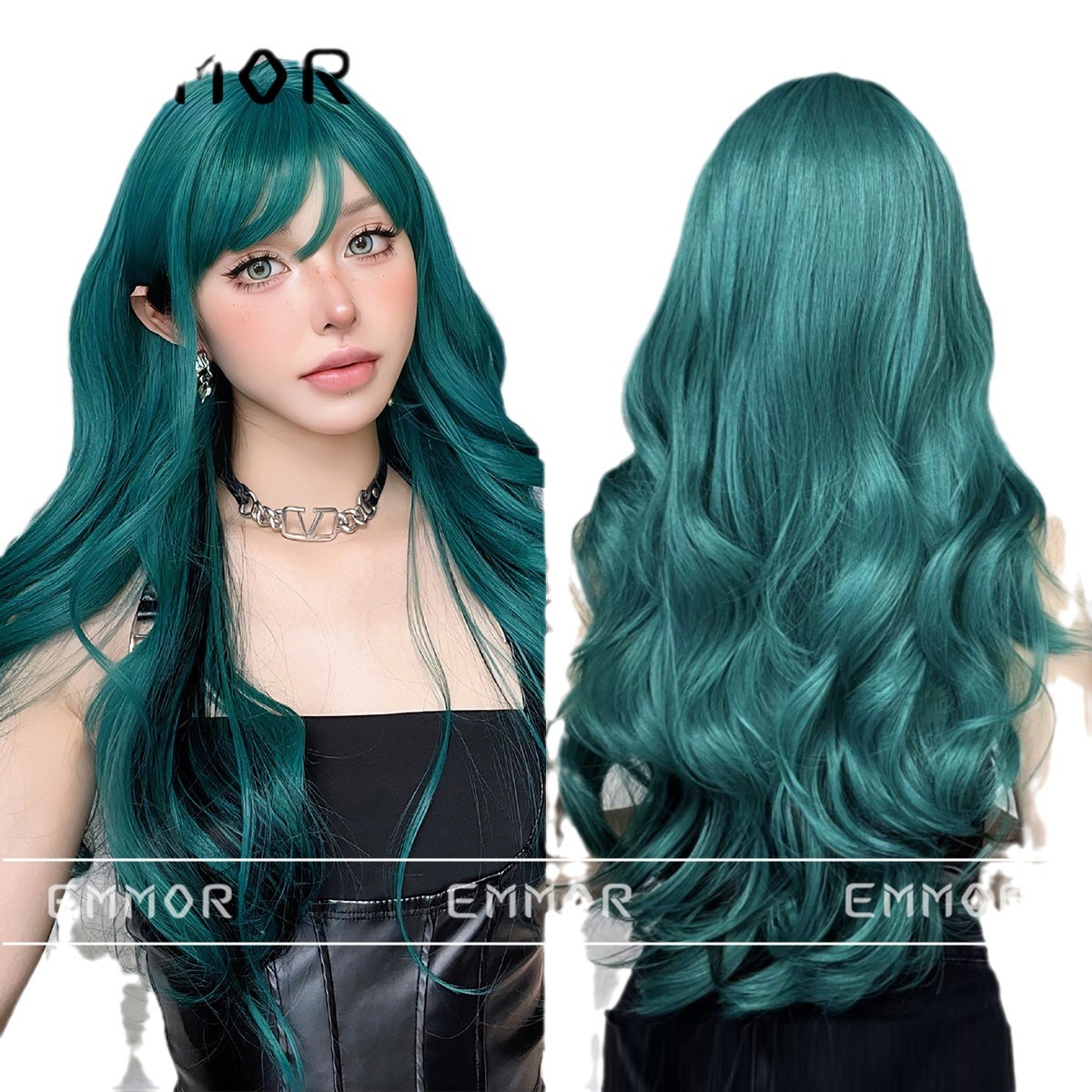 Peluca cabello largo de las mujeres cielo azul largo pelo rizado onda rizado diario Lolita natural cara redonda transfronteriza cubierta de la cabeza completa