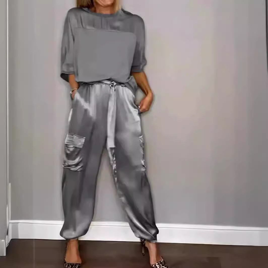 Ensemble deux pièces en Satin lisse pour femmes, couleur unie, manches 5/4, nouvelle mode printemps et automne_voghion.com