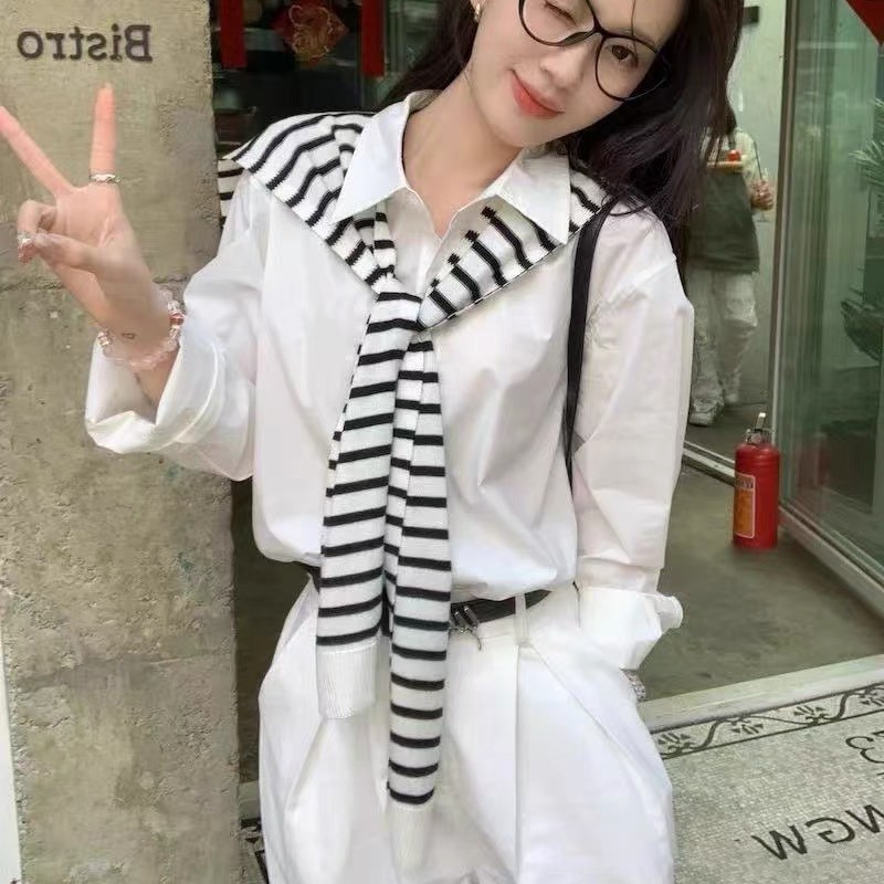 Ins Striped Knitted Shawl for Women, Spring and Autumn Outerwear, Matching with Dresses, Trendy Scarf for Air-Conditioned Rooms, Summer Neck and Shoulder Protection