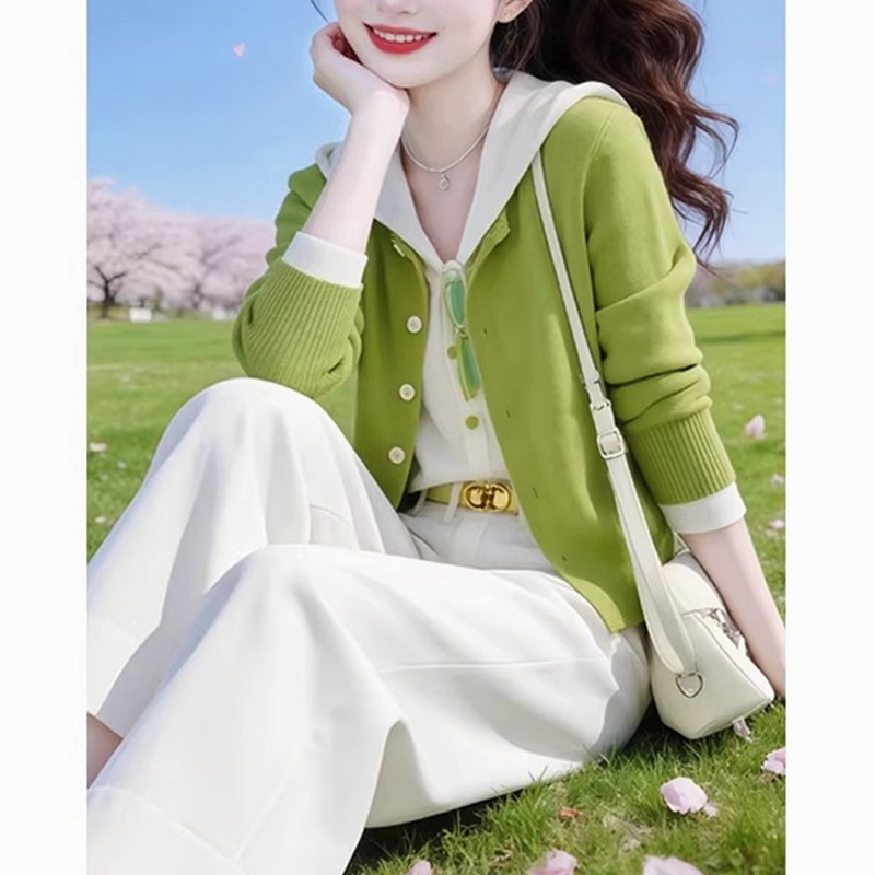 Casual Style Hooded Faux Two-Piece Knitted Cardigan for Women 2026 Spring and Autumn Plus Size Loose Sweater Base Shirt Top