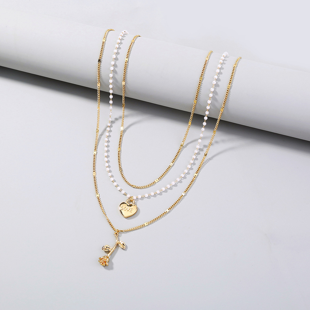 Retro Love Pendant Necklace Rose Imitation Pearl Multilayer Necklace Wholesale display picture 4