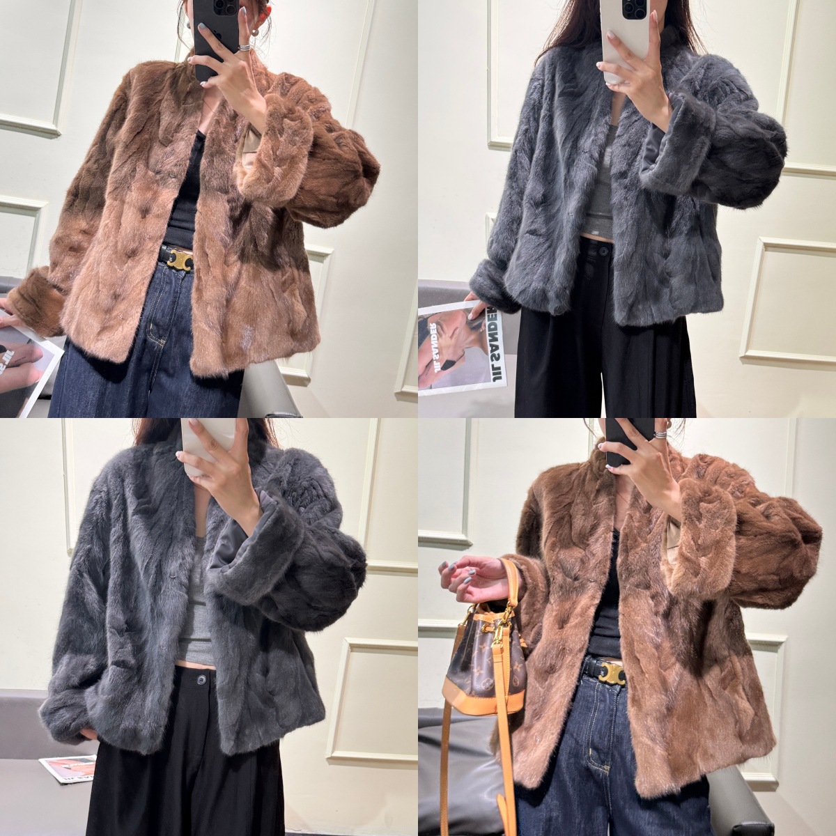 Real photos of elegant mink fur coats from Haining, genuine fur patchwork mink coats, loose-fitting mid-length mink coats, dropshipping available.