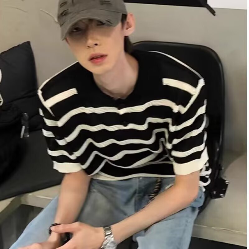 Black and White Stripesd Cut Out Ice Silk Knitwear American Polo Shirt Short-Sleeved Men's Summer Design Niche Lapel T-Shirt