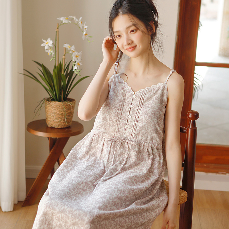 纯欲风夏季女款吊带无袖中长款睡裙纯棉纱布高级感家居服可外穿|undefined