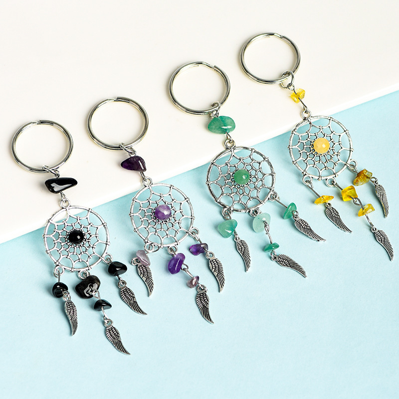 Cross-border hot sale natural crystal dream catcher purple green yellow red black white and clear blue gold tourmaline colorful personalized keychain