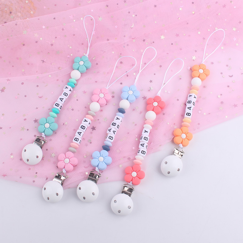 Nuevo bebé suministros dibujos animados colorido flor mordedor calmante bebé DIY hecho a mano con cuentas pezón anti-gota cadena