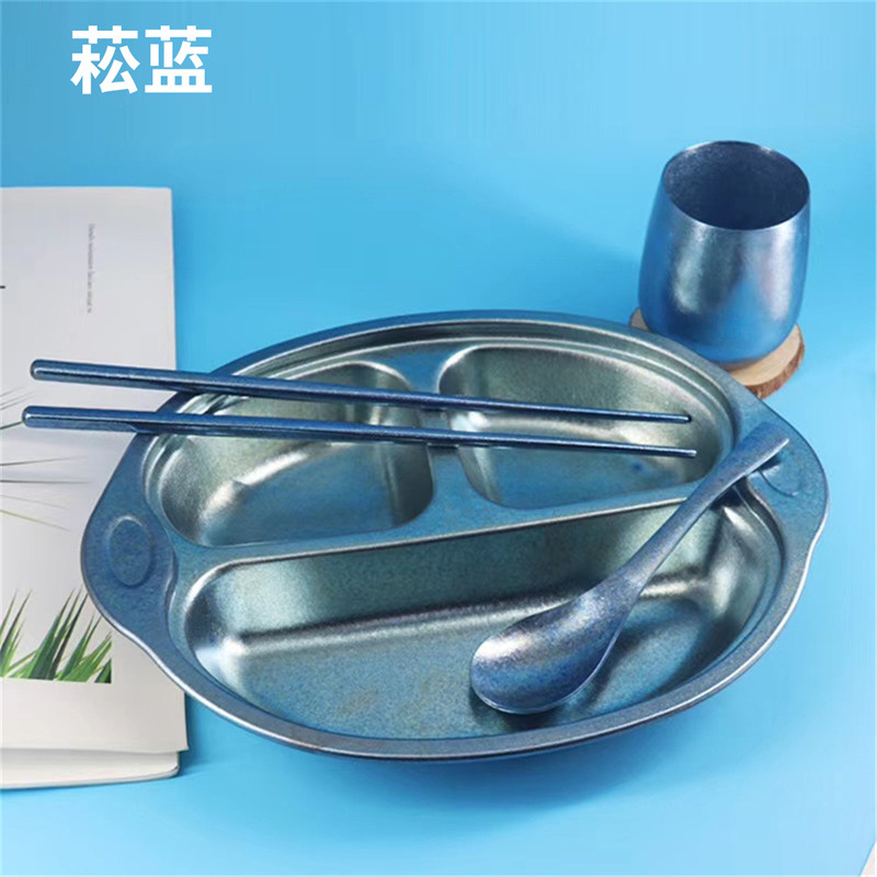 순수 티타늄 유치원 디너 플레이트 아기 분할 여성 및 소년 만화 낙하 방지 분리 접시 어린이 및 학생 식기 세트