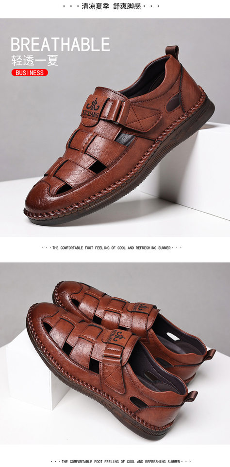 Dép sandal nam da cỡ lớn thiết kế khoét lỗ, khóa dán tiện lợi, form bít mũi — Nâu thời trang, Đen quyến rũ chi tiết 17
