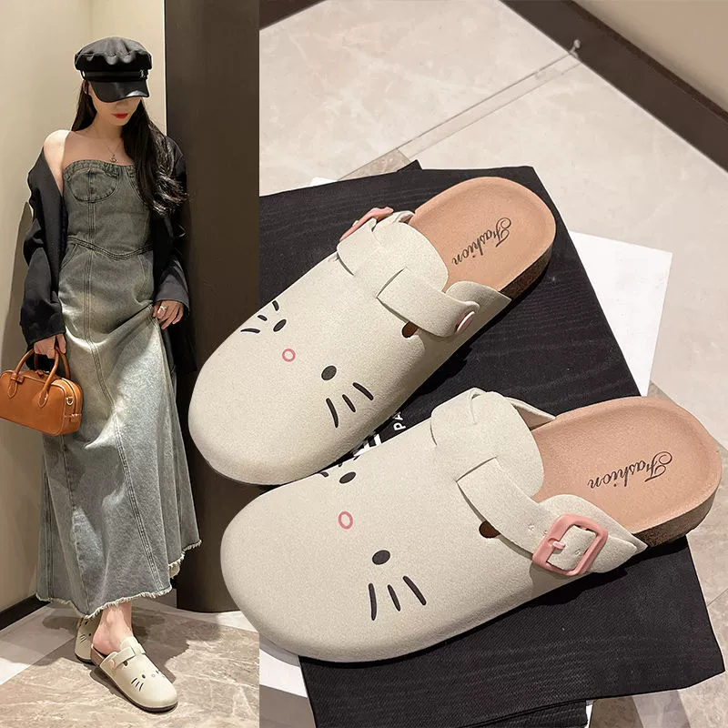 Женские туфли Birkenstock с милым котом, лето 2024, новые сандалии Baotou на толстой подошве и тапочки для верхней одежды, полутапочки
