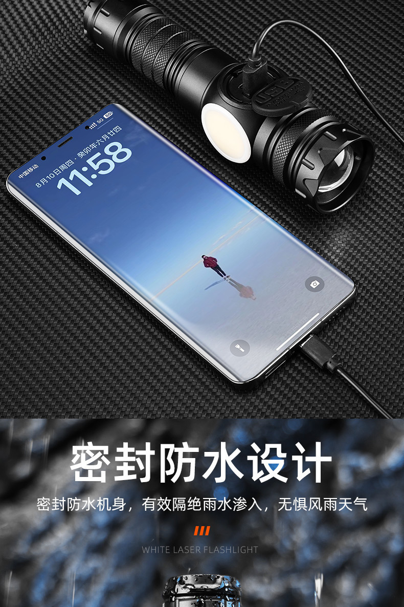 Cross-border digital display power indicator, high-brightness flashlight with zoom, long-range side light, floodlight for home emergency, outdoor hiking, cycling, rechargeable