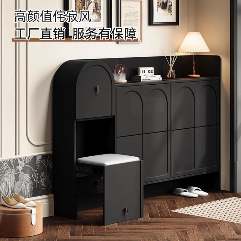 Simple French Retro Shoe Cabinet and Shoe Stool Integrated Entrance Door Wall-Mounted Flip-Top Entrance Black Solid Wood Cabinet