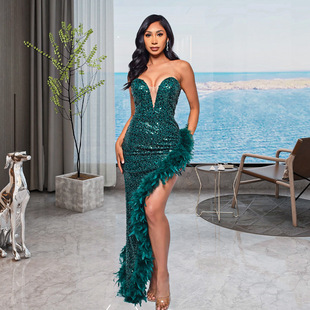 Ins European and American Cross-Border Women's Clothing Wish Amazon Ebay Independent Station Tube Top Backless Sequin Feather Dress for Women