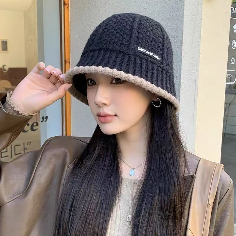 韩版毛线渔夫帽女秋冬保暖贴布字母盆帽时尚气质百搭针织水桶帽子|undefined