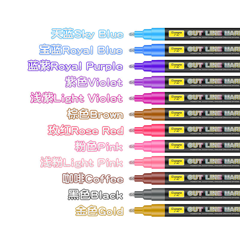 Guangna 157 doble línea de contorno pluma 24 color negro varilla traje DIY color pintado a mano graffiti marca plata luz marcador pluma