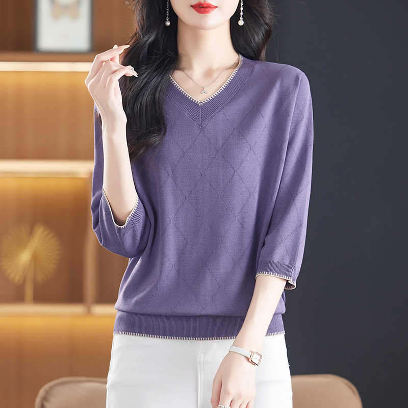 Spring and summer V-neck cropped sleeves ice silk sweater 2025 new fashion loose thin mother T-shirt top