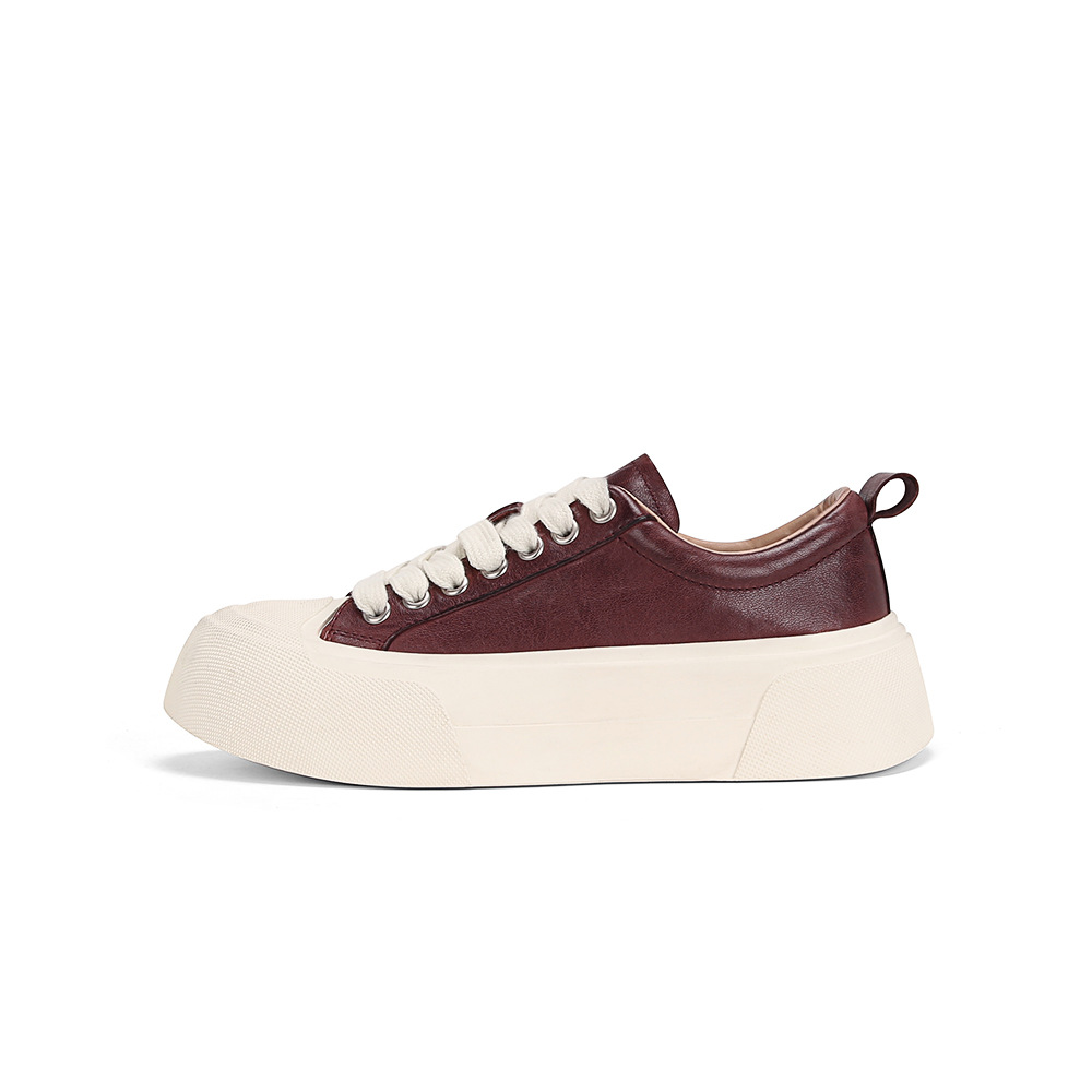 Versión de piel de vaca ~ Grape Madre con el mismo tipo de muffin de piel de caballo lavado con agua, zapatos de skate deportivos casuales de suela gruesa, zapatos blancos de altura para mujeres