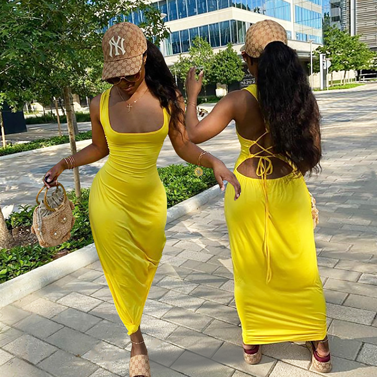 C3643 spot transfronterizo moda femenina europea y americana color sólido vestido sexy falda de trapeador falda larga con cordones AliExpress
