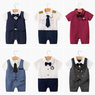Baby jumpsuit summer cross-border short-sleeved baby gentleman clothes class a cotton newborn bag fart thin climbing suit