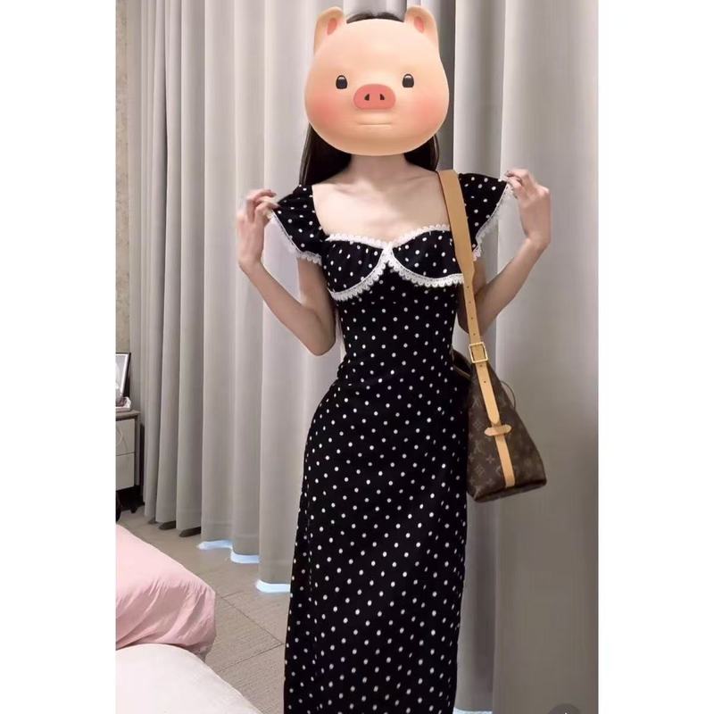 新法式夏季新款法式蕾丝拼接黑色波点印花方领气质淑女显瘦连衣裙|undefined