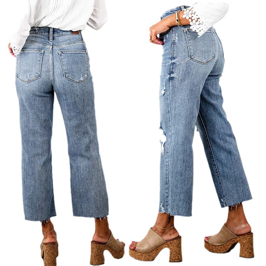 자른 와이드 레그 청바지 여자 리핑 워시 미드 웨이스트 캐주얼 올 매치 스트레이트 청바지 여자 유럽과 미국 아마존