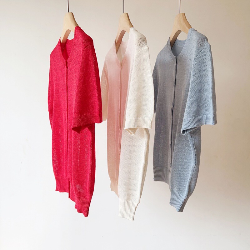 Imported Japanese Paper Yarn! Old Money Style Round Neck Short-Sleeve Knit Cardigan, Versatile for Wearing Alone, Relaxed Feel, Refreshing and Breathable Top