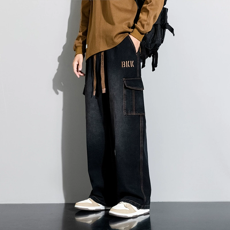 Джинсовые американские джинсы высокая улица дизайн чувство ретро мыть широкие ноги