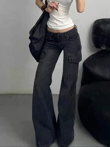 American-style spicy mini workwear bell-bottom jeans for women, new pocket slimming hidden leg pants, fashionable casual pants