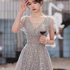 宴会晚礼服2026春夏灰色轻奢年会生日伴娘服主持人艺考姐妹礼服裙