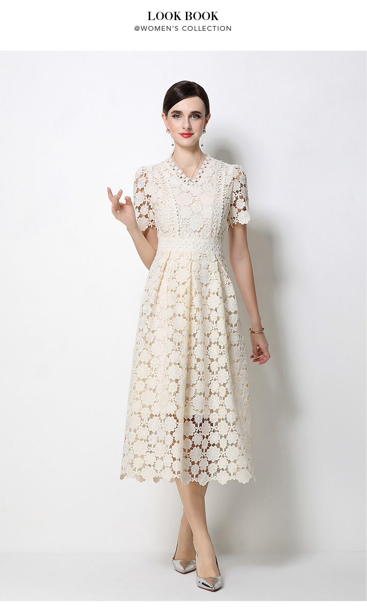 Đầm maxi nữ cổ V ren thắt eo tay ngắn họa tiết rỗng — màu đen, Rượu vang đỏ, màu hồng đậm, màu trắng chi tiết 16