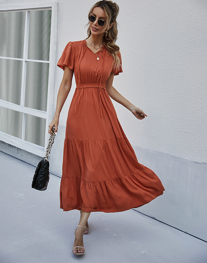 Short-Sleeved V-Neck Long Dress NSDY100523