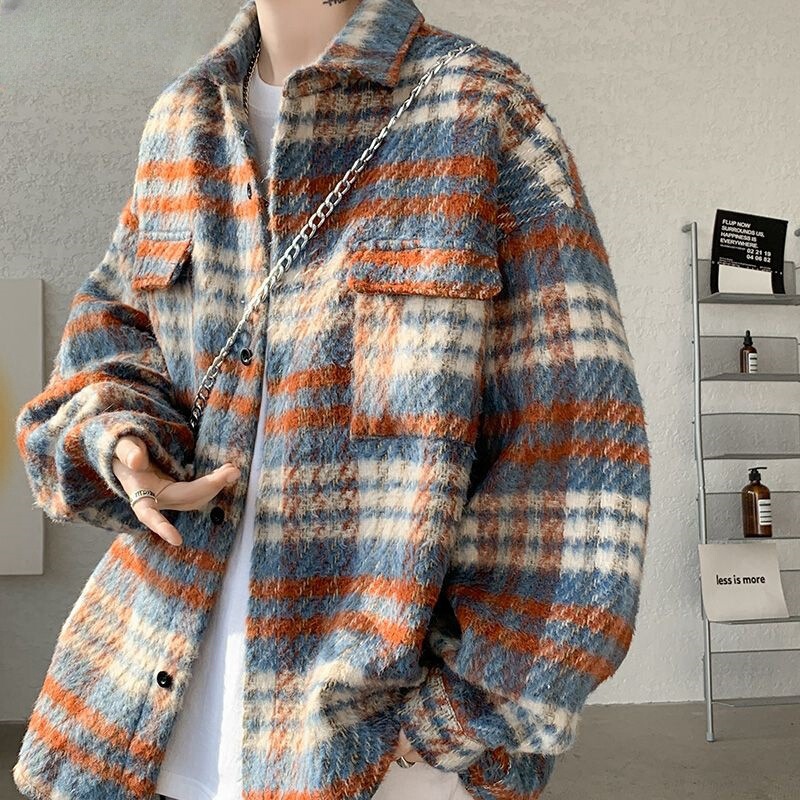 Autumn and Winter Oversize Shirt Men's Chanel Style Plaid Jacket American-style Japanese Style Laid-back Style Fashionable Ins Top