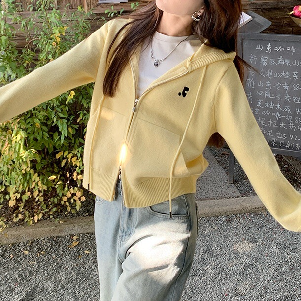 连帽卫衣开衫秋装女款2025年新款黄色毛衣针织小外套秋季穿搭上衣|undefined