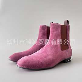 cl andgz红底鞋男鞋酒红色牛绒铆钉男士靴子切尔西靴真皮鞋短靴子