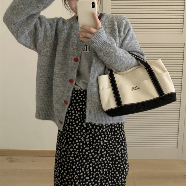 24 invierno Puyuan coreano amor gris botón de punto Cardigan mujeres perezosas viento 2024 otoño invierno