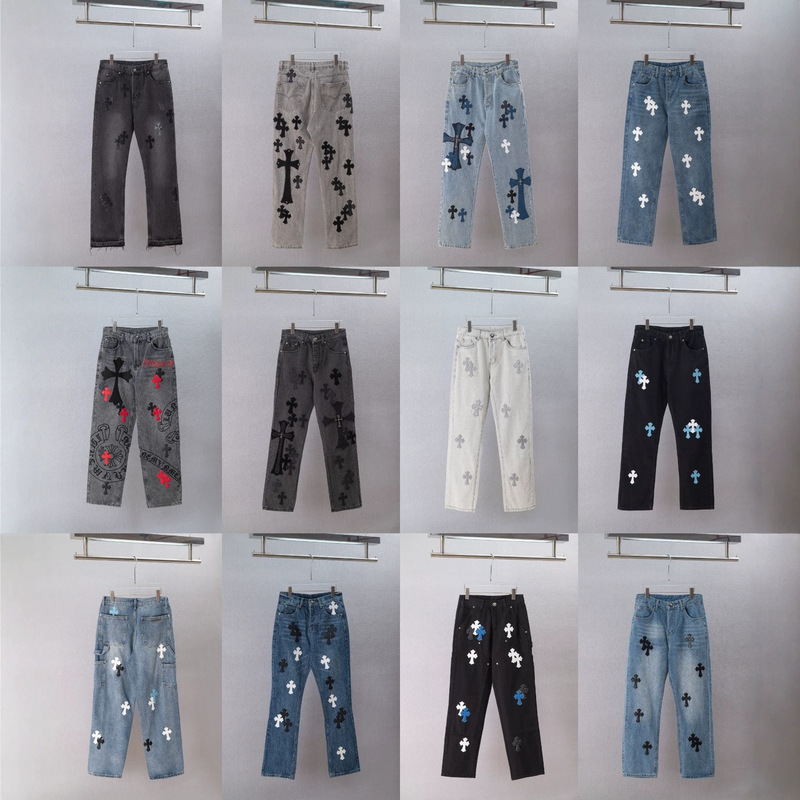 Cross-border American high street style cross and Sanskrit patch washed unisex casual loose straight-leg jeans for men Cross-border American high street style cross and Sanskrit patch washed unisex casual loose straight-leg jeans for men