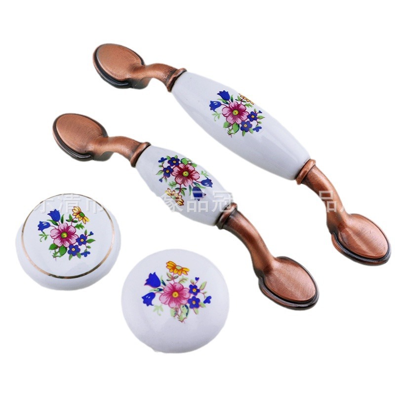 Estilo europeo verde rojo antiguo orquídea cerámica manija gabinete muebles cajón armario puerta pastoral antiguo Wenzhou hardware manija