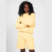 外贸欧美潮牌套装2025秋冬季男女大童连帽纯色长袖卫衣短裤两件套