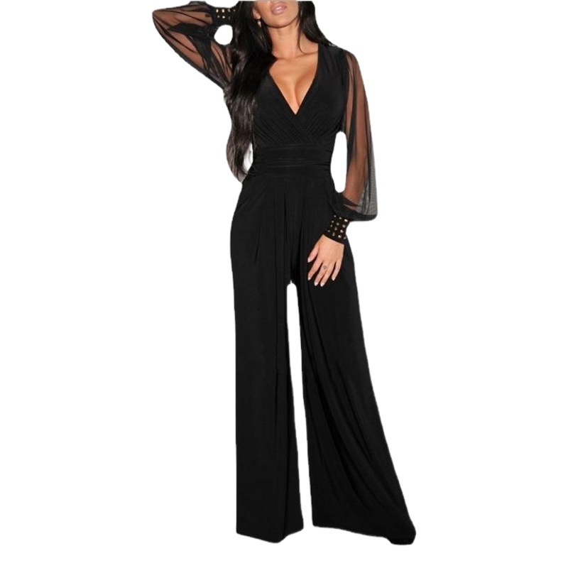 2023 Amazon deseo AliExpress Venta caliente cuello en V cintura apretada sexy malla costura remache mono recto