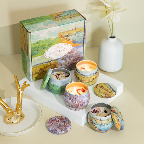 Hot selling gentle oil painting tin can aromatherapy candle, soy wax romantic aromatherapy candle for weddings