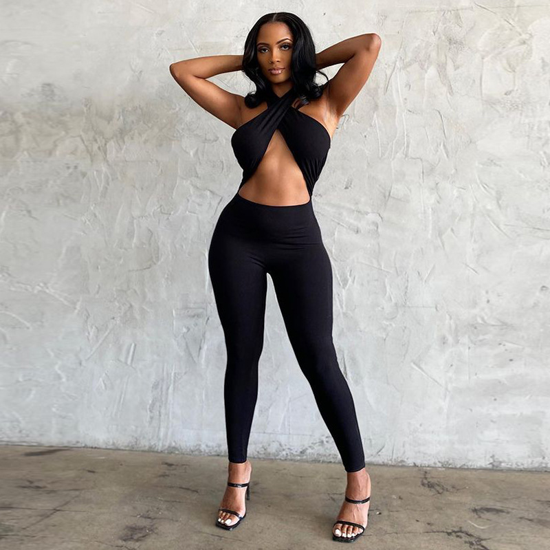 women's open back halter solid color high waist tight-fitting jumpsuit nihaostyles clothing wholesale NSXPF73929