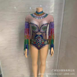 现货演出服女式闪亮多彩钻石流苏连身裤夜总会性感瓷砖