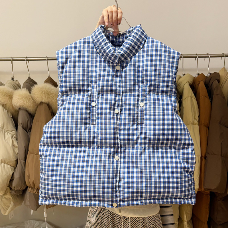 South Korea's Dongdaemun down Jacket Vest for Women 2025 New Winter Short Blue and White Plaid Loose Vest Vest Jacket