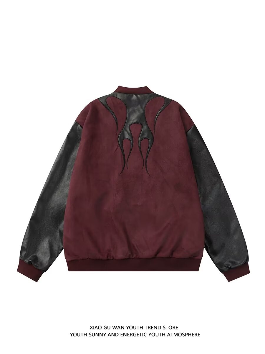Men's Clothing high street stitching PU leather contrast color pilot jacket retro men and women couple loose casual baseball jacket_voghion.com