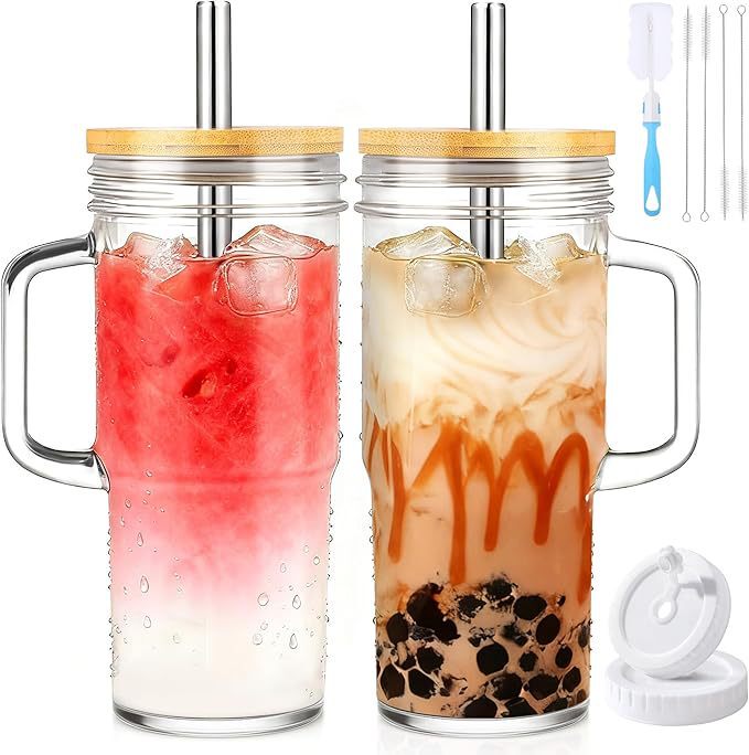 Amazon 24oz Bamboo Mason Jar with Handle, Bamboo Lid, Glass Cup, Stainless Steel Straw, Cup Brush, Anti-Drop Set
