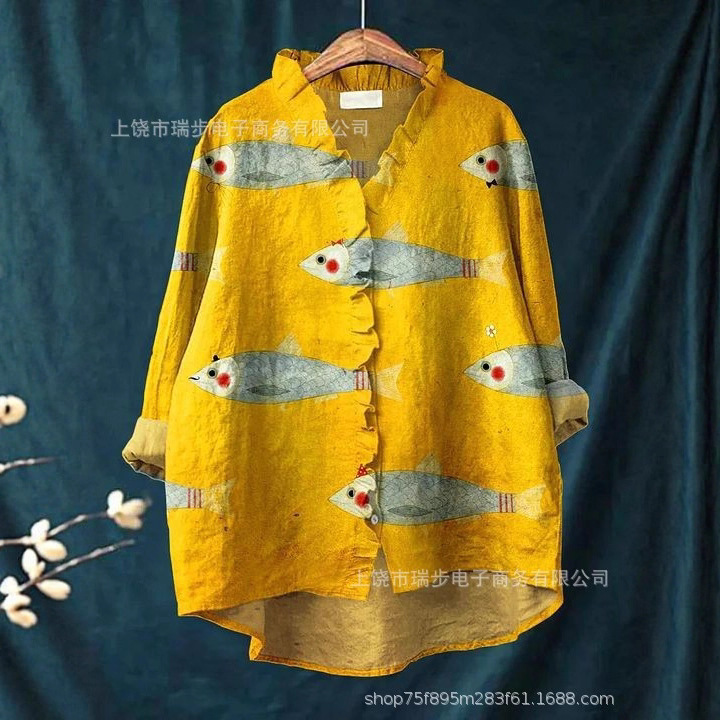 跨境欧美女士花边领款式衬衣3D印花森系甜美风图案文艺休闲长袖