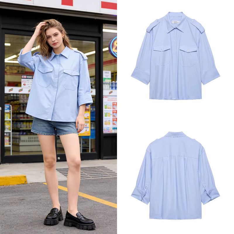 Z Brand Foreign Trade Cross-Border European and American Style Women's Clothing 2026 Spring New Fashion Casual Pocket Poplin Shirt Z Brand Foreign Trade Cross-Border European and American Style Women's Clothing 2026 Spring New Fashion Casual Pocket Poplin Shirt