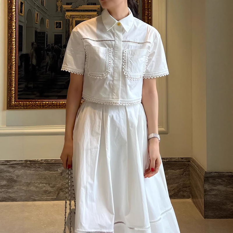 In Stock: Short-Sleeved Beaded Lace Shirt + Small Lace Patchwork Skirt Set with Elasticated Back and Side Pockets