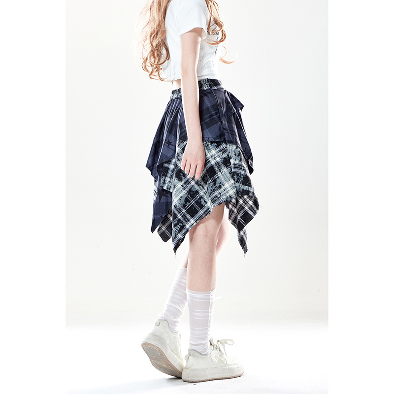 ナチュラルサワーデイ系チェック柄シャツスカートレディース夏新作不規則ミディスカート美術学生レイヤードスカート|undefined