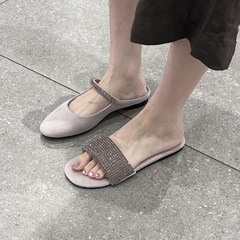 粉色水钻平底一字拖鞋女夏外穿法式绝美露趾凉拖配裙子度假沙滩鞋